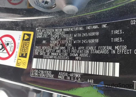 2018 Toyota Highlander Le z USA, uszkodzony, nr VIN 5TDZARFH0JS035545